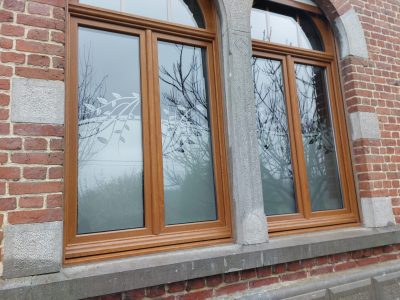 Deux fenêtres cintrées à châssis en bois, dans une façade en briques rouges et pierre bleue, dont le bas du vitrage porte un film à effet sablé bordé de rameaux et de feuilles