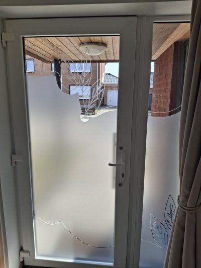 Porte d'entrée blanche en PVC et son fixe latéral avec un film à effet sablé à bord ondulé, ajouré de brins de graminées et de feuilles