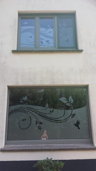 Deux fenêtres à châssis vert-gris d'une façade enduite claire, dont les vitrages portent un film à effet sablé ajouré d'un bandeau de volutes, de feuilles et d'oiseaux