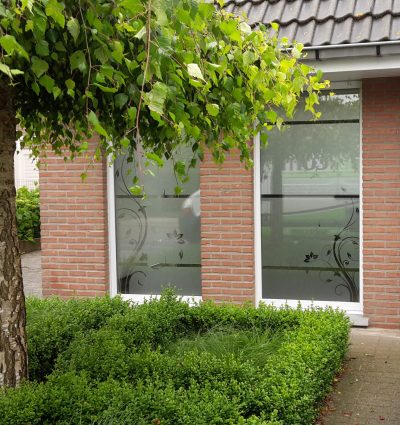 Deux fenêtres d'une façade en briques rouges dont le vitrage porte un film à effet sablé ajouré de volutes et de fleurs stylisées