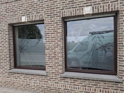 Deux fenêtres à châssis brun d'une façade en briques rouges, chacune décorée d'un dessin au trait en film à effet sablé représentant deux palmiers et un perroquet