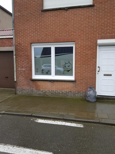 Fenêtre à deux vantaux d'une façade en briques rouges dont le vitrage porte un film à effet sablé ajouré d'un chat dessiné au trait et de trois paires d'empreintes de pattes