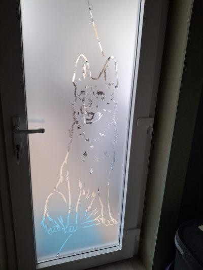 Porte d'entrée blanche vue de l'intérieur dont le vitrage porte un film à effet sablé ajouré d'un berger allemand assis, tenu en laisse