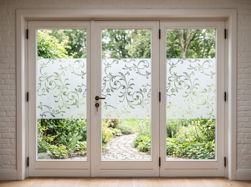 Porte-fenêtre à trois vantaux dont la partie basse est couverte d'un film sablé à motif de volutes, la partie claire laissant voir le jardin