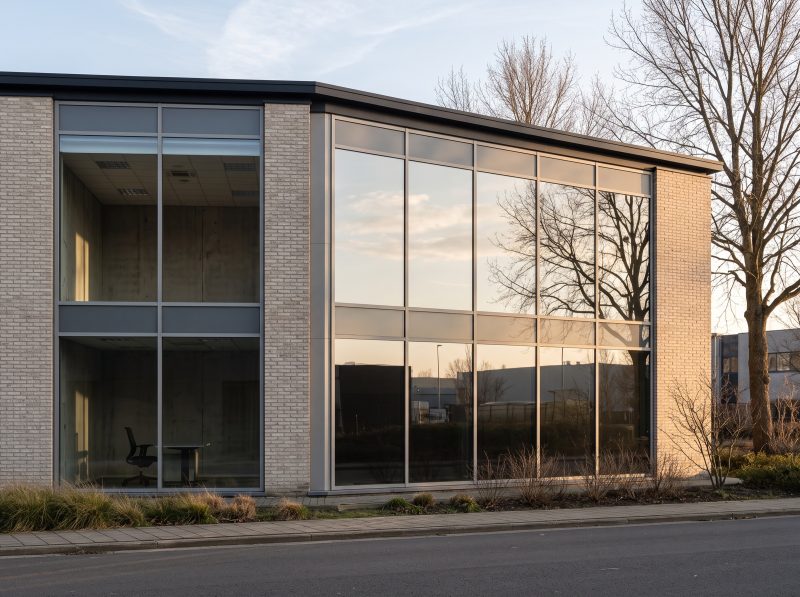 Façade de bureaux dont les vitrages traités au film solaire renvoient le ciel en miroir, une fenêtre sans film restant transparente